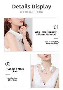 Detail showing eco-friendly ABS and silicone neck fan material for skin-friendly comfort