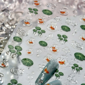 3D embossed goldfish and lotus leaf nail art stickers with realistic water drop designs