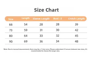 Detailed size chart for floral baby romper showing length, sleeve, bust and crotch measurements