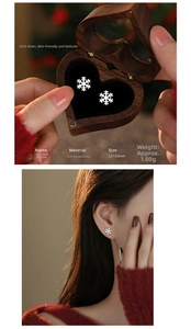 Detail showing S925 sterling silver snowflake stud earrings with product size and weight specs