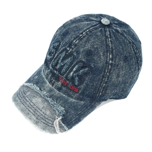 Casquette de baseball en jean délavé bleu marine vintage avec broderie SMK et bord usé