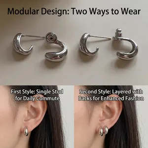 Polished silver water drop stud earrings for women with unique front back C-shape design