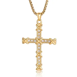 Cross Pendant Necklace Stainless Steel With Sparkling Rhinestones Hip Hop Punk Streetwear Jewelry For Men Religious