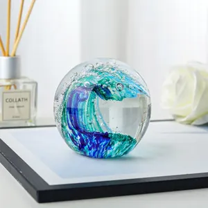 Artistic crystal ocean wave glass ball ornament with blue and green sea scene