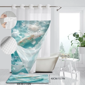 Waterproof shower curtain set with koi carp and lotus print plus 60x40cm bath mat