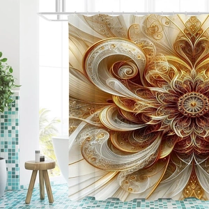 Detail of golden floral pattern shower curtain in modern bathroom with tiles