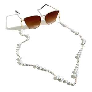 Elegant gold sunglasses with brown gradient lenses and white pearl lanyard chain