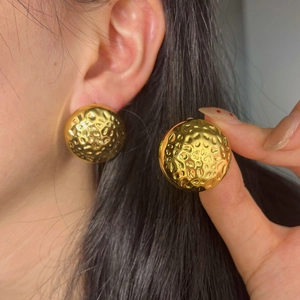 Elegant gold dome earrings with hammered lava texture and retro metallic finish for women