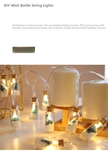 Detail of warm white LED lights inside glass wishing bottles with mini Christmas trees