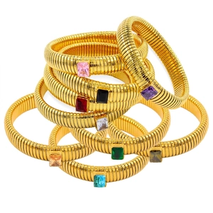 Vintage Tubogas Elastic Bangle Bracelet Stainless Steel 18K Gold Plated Rectangle Cubic Zirconia Minimalist Jewelry Women