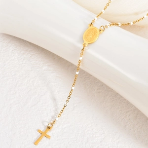 Collana rosario religioso in acciaio inossidabile placcato oro 18K con perline bianche