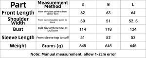 Detailed size chart for women's glossy puffer jacket showing measurements for S, M, and L
