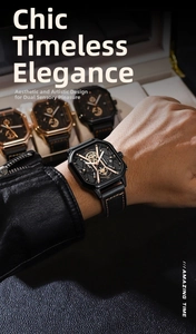 Close-up of luxury men's quartz watch with black leather strap and rose gold movement