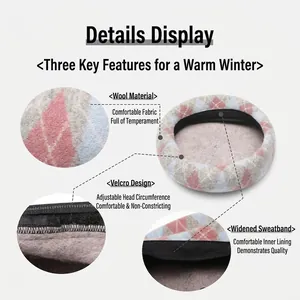 Plaid wool beret with adjustable velcro strap and moisture-wicking inner band