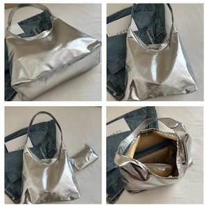 Detailed views of silver high-gloss PU tote bag featuring a matching small storage pouch