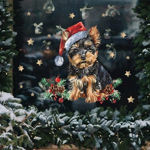 Christmas Yorkshire Terrier window sticker with festive stars and pine decoration