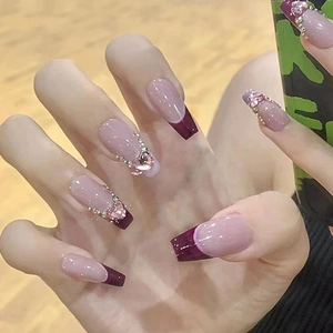 Long Coffin Press On Nails French Burgundy Red Heart Rhinestone Faux Artificial Pearl Nude Pink Glossy Fake Nails Detachable