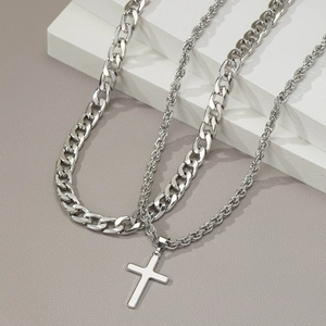 Men's double layered hip hop necklace with curb chain and silver cross pendant