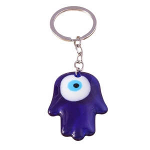 Hamsa Hand and Evil Eye keychain with blue translucent glass and silver keyring charm