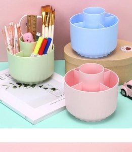 Detailed view of rotating desk organizers in pastel blue, pink and green macaron colors