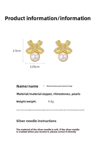 Detail view of pearl bow earrings with dimensions 2.5cm by 2.05cm and 9.8g weight