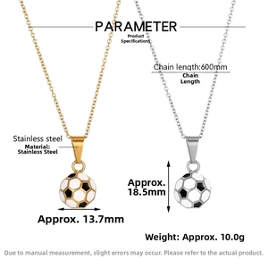 Macro detail of stainless steel soccer pendant dimensions and chain length parameters
