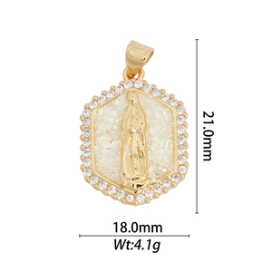 Detail view of 18k gold Virgin Mary pendant with white shimmer and sparkling crystals