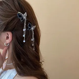 Pince À Cheveux Papillon Alliage Argent Ailes Bleues Longues Franges Künstliche Perles Élégant Accessoire Pour Femmes