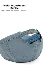 Detail of adjustable metal buckle and stitching on a washed blue cotton baseball cap