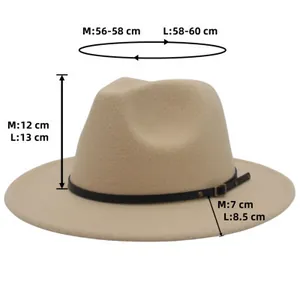 Size chart for wool felt fedora showing dimensions for M and L sizes in centimeters