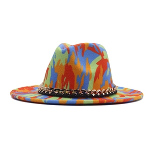 Graffiti wide brim fedora hat with colorful abstract print and gold chain decoration