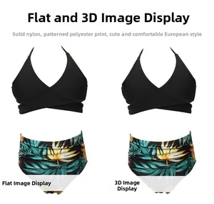 Detail of two-piece bikini featuring black wrap top and tropical palm leaf print bottoms