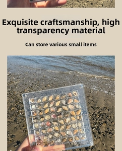 Macro detail of high-transparency multi-grid acrylic box for shell storage on beach