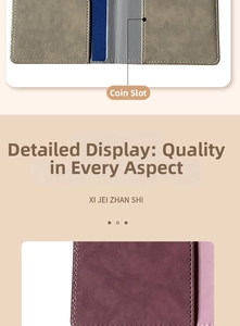 Detail view of stitched PU leather passport cover showing coin pockets and textures