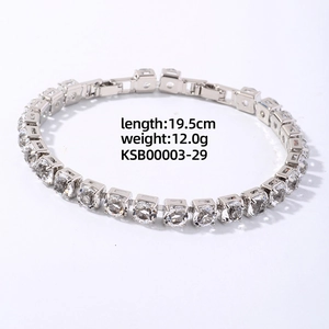 Detail shot of a tennis bracelet showing 19.5cm length and micro-pave cubic zirconia