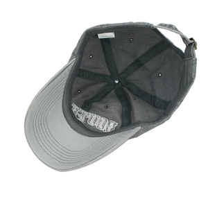 Deep grey washed denim Route 66 baseball cap showing interior 100% cotton lining detail