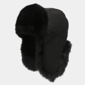Close-up of black trapper hat with faux fur lining and windproof suede material