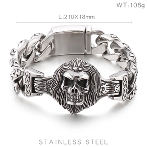 Macro shot of 304 stainless steel wolf skull bracelet with detailed links and heavy texture