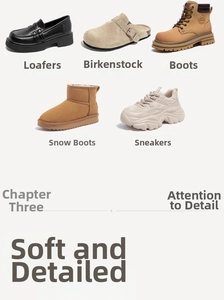 Vue à plat de cinq styles de chaussures dont mocassins en cuir, mules et bottes de neige