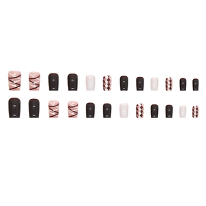 Brown plaid and cream press-on nails set in natural square-oval shape for women