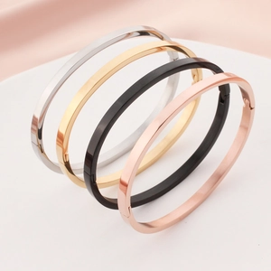 Minimalist Polished Stainless Steel Oval Bangle Bracelet With Hinge Buckle Closure Fashion Women Jewelry