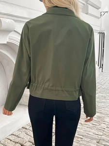 Olive green short drawstring windbreaker jacket for women with utility pocket and zipper