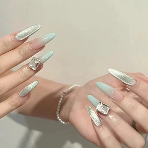 Gradient Cat Eye Almond Press On Nails Long Rhinestone Artificial Fingernails Elegant Sweet Style For Women