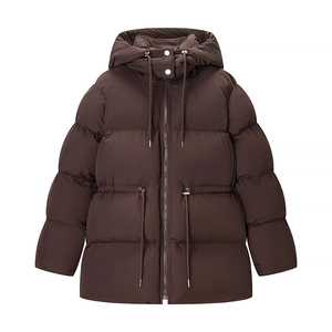 Women's brown hooded mid-length padded jacket with drawstring waist and dual zipper