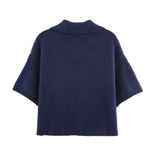 Navy blue short sleeve knit cardigan with lapel collar and ribbed hem back view
