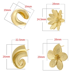 Golden daisy flower and spiral C-shape stud earrings set in minimalist geometric designs