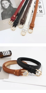 Détails de ceintures fines en cuir avec boucles dorées en rouge, noir, marron, blanc et beige
