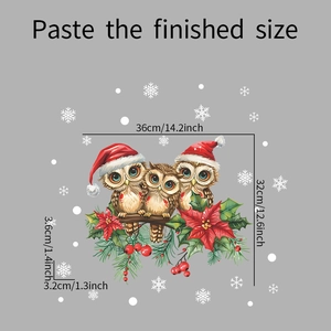 Detailed dimensions of Christmas owl wall stickers featuring festive winter bird motifs