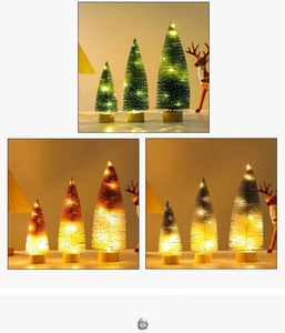 Detailed view of mini Christmas trees with LED lights and natural wood bases in three sizes