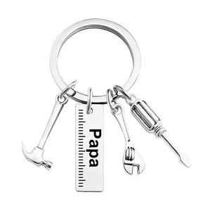 Father's Day silver keychain with hammer, wrench, and Papa ruler charms in stainless steel